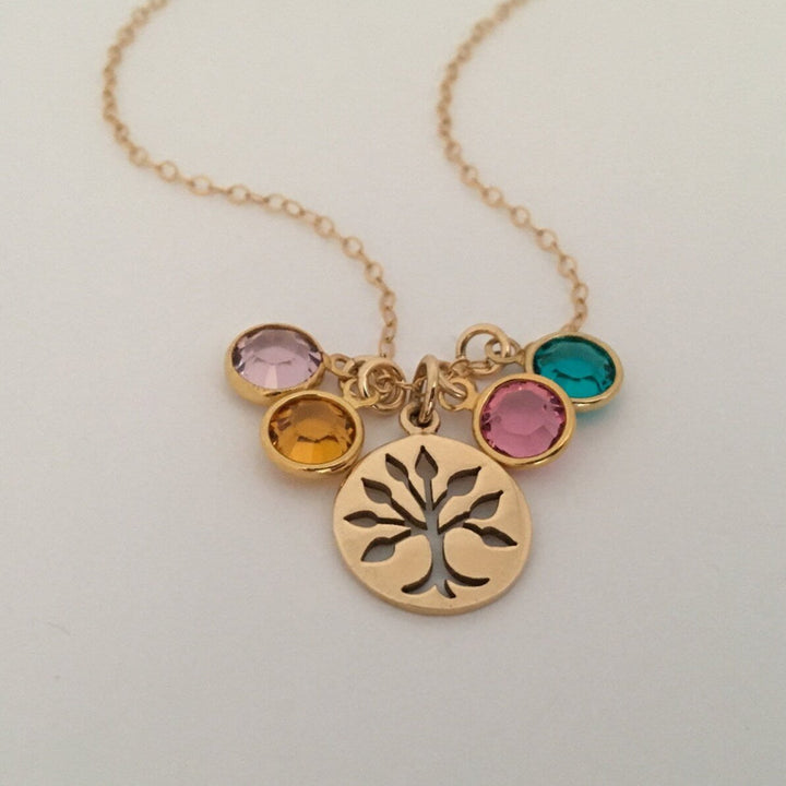 Tree Charm Gold Necklace With Birthstones