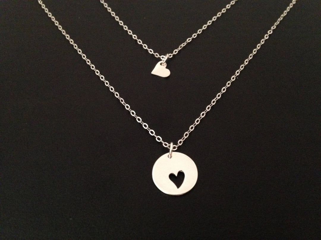 Mother Daughter Necklace Set,Cut-out Heart Necklace,Tiny Heart,mother daughter jewelry,mother daughter set,silver heart necklace,jewelry set