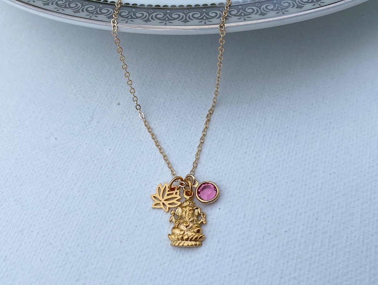 Ganesh Necklace with Lotus and Birthstone