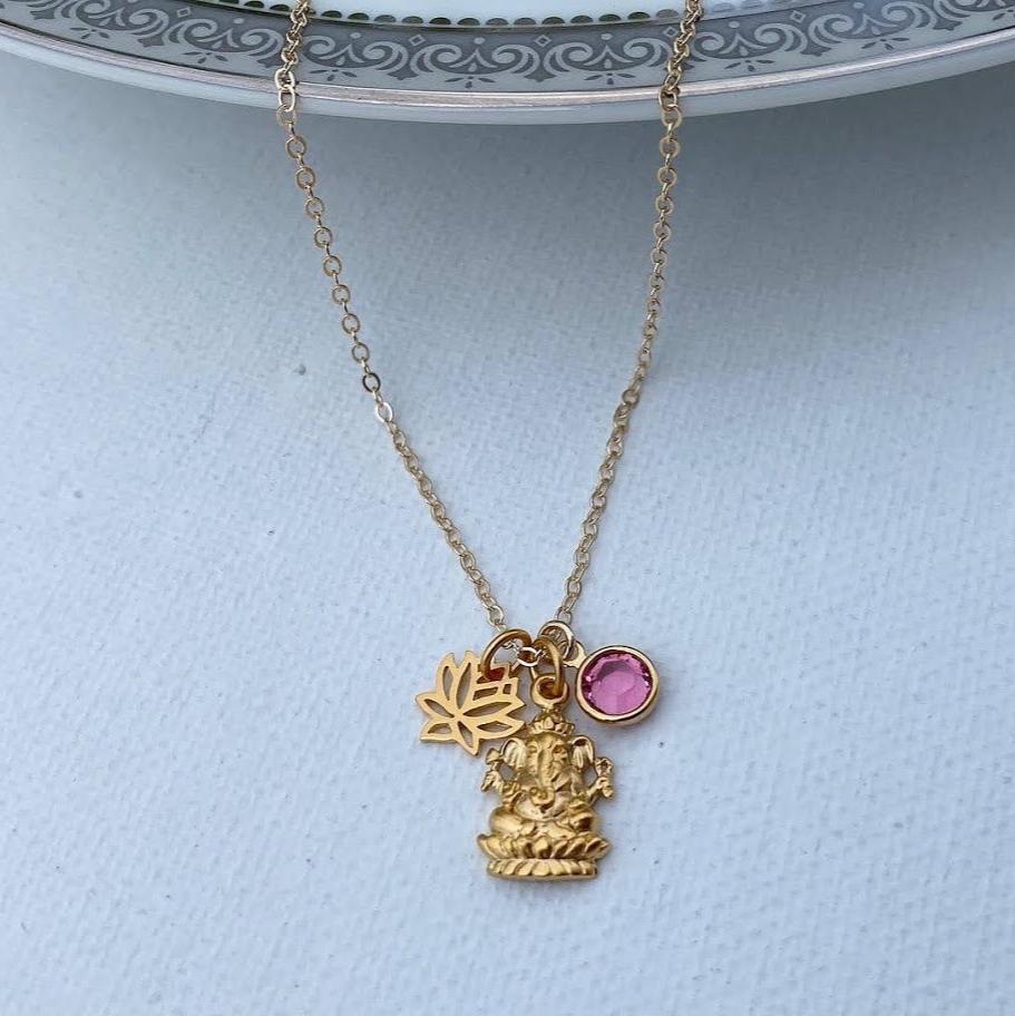 Ganesh Necklace with Lotus and Birthstone