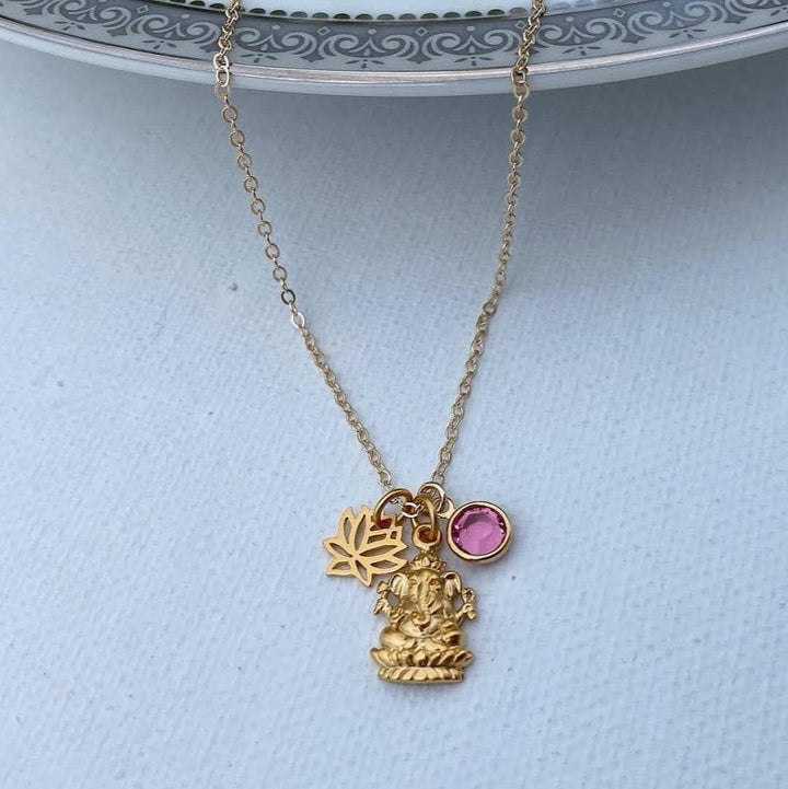 Ganesh Necklace with Lotus and Birthstone