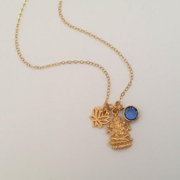 Ganesh Necklace with Lotus and Birthstone