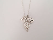 Load image into Gallery viewer, Personalized Sterling silver Leaf necklace, modern jewelry, dainty necklace, leaf charm necklace, leaf pendant jewelry, contemporary designs
