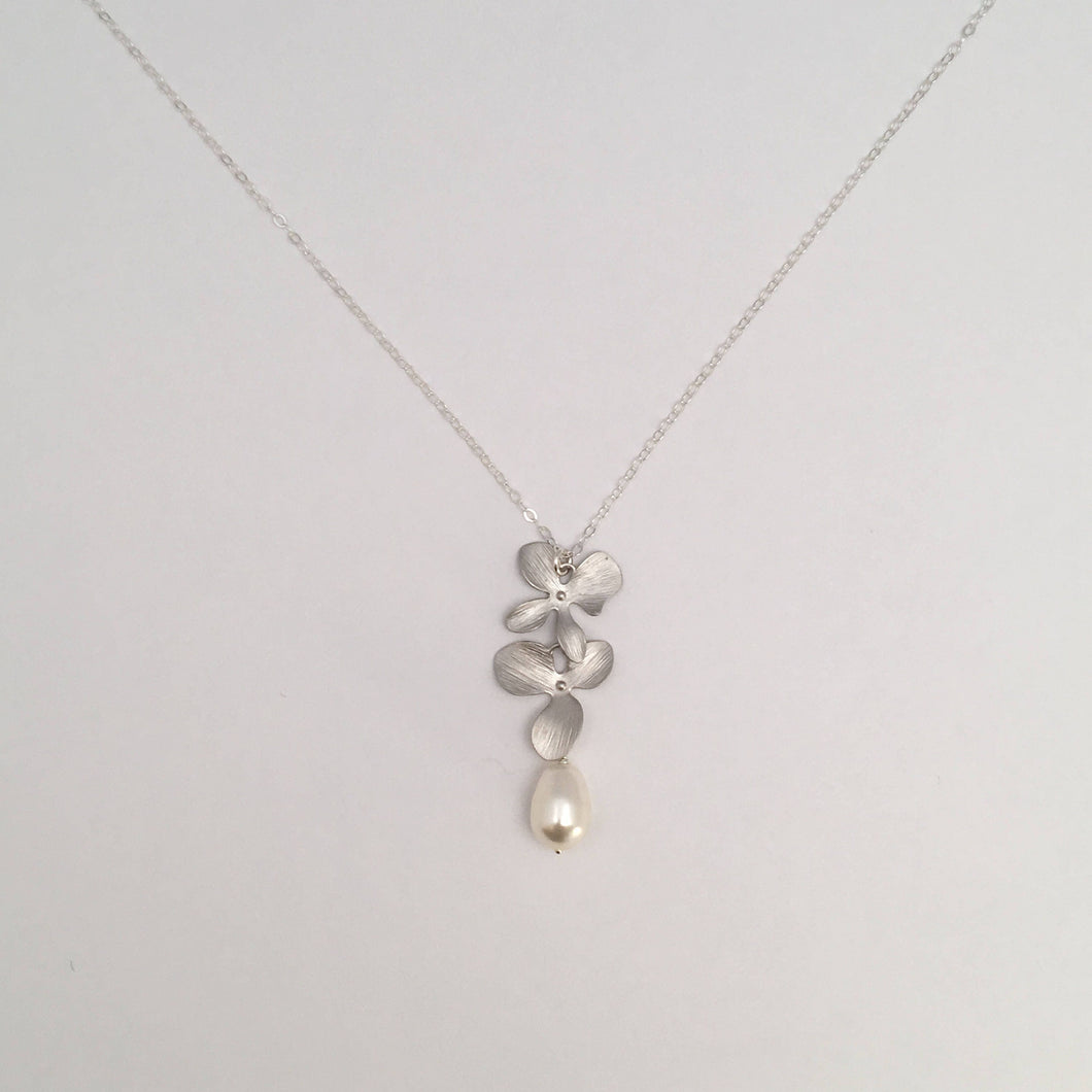 Silver Orchid necklace with tear drop pearl, mothers gift, bridal jewelry, gift for her, wedding jewelry