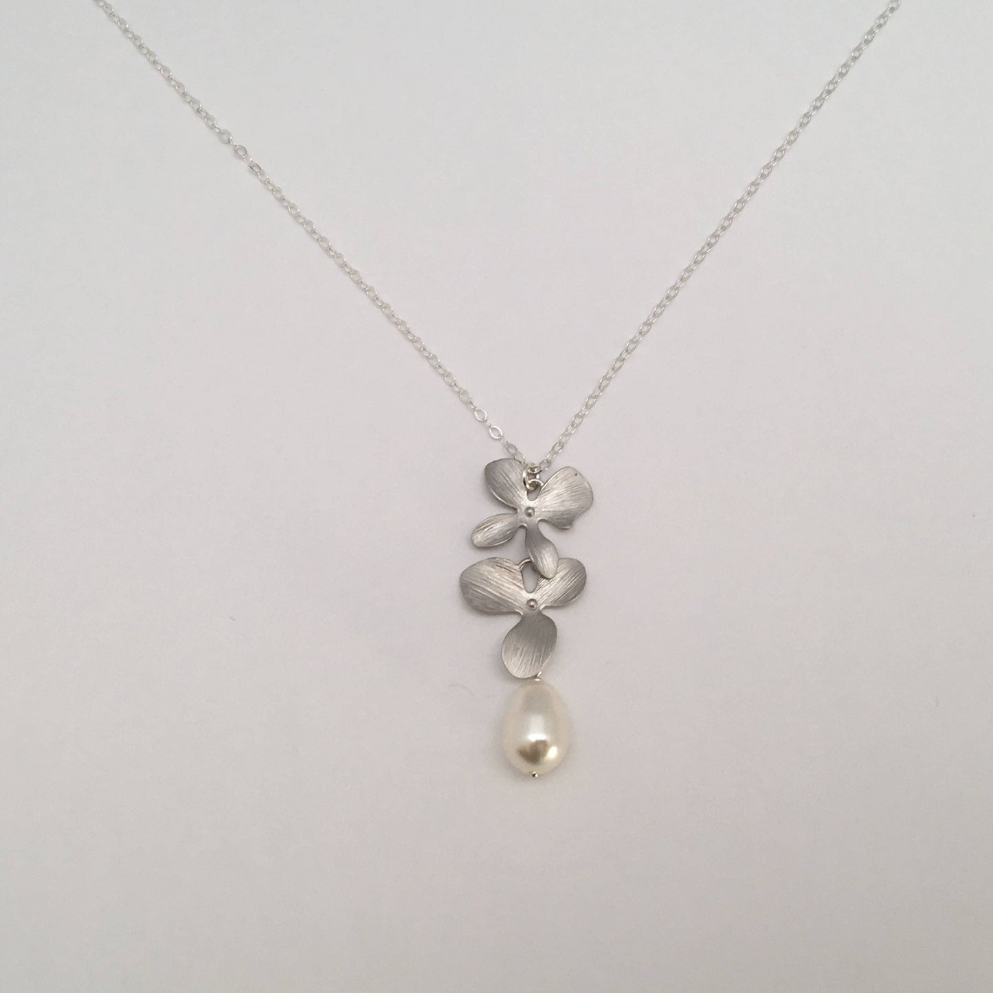 Silver Orchid necklace with tear drop pearl, mothers gift, bridal jewelry, gift for her, wedding jewelry