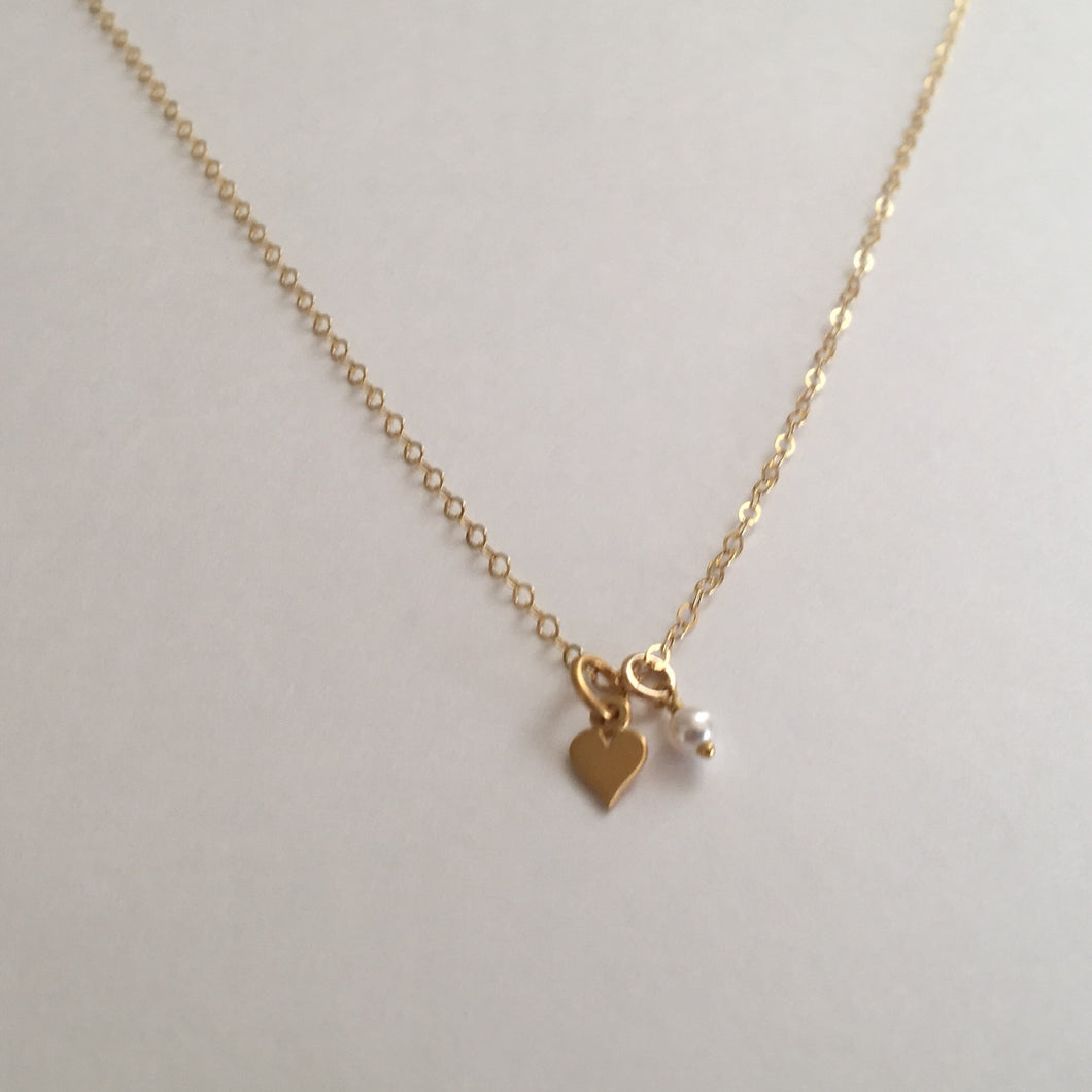Tiny gold heart necklace with pearl or birthstone