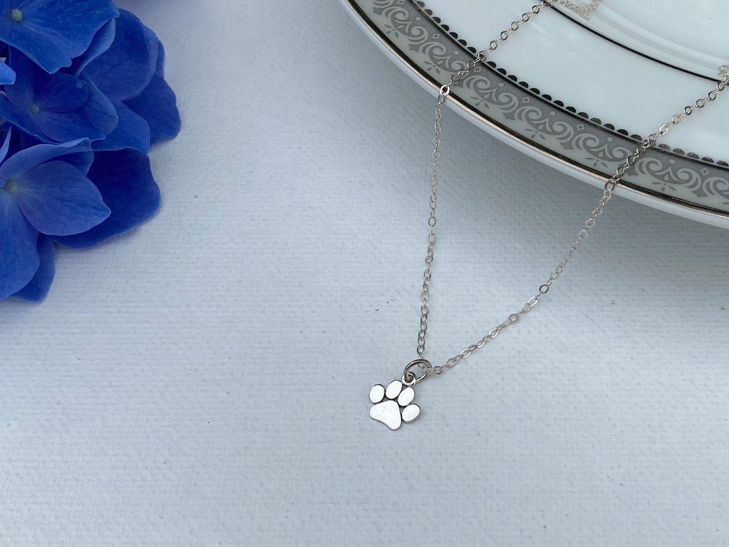 Paw print necklace, sterling silver charm necklace, dog mom or cat mom gift, pet loss, memory necklace, paw necklace