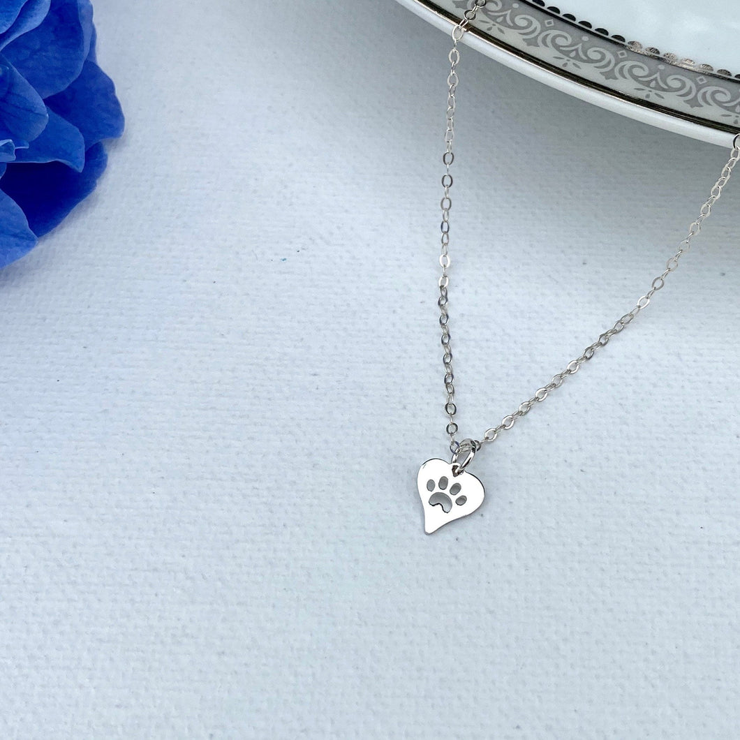 Paw print necklace, pet lovers gift, cat or dog paw print, cut out heart paw print, pet loss, memory necklace, gift for a friend