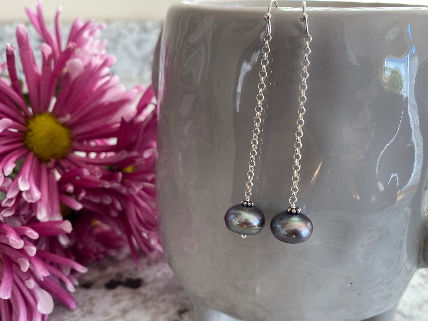 Genuine grey rainbow button pearl earrings