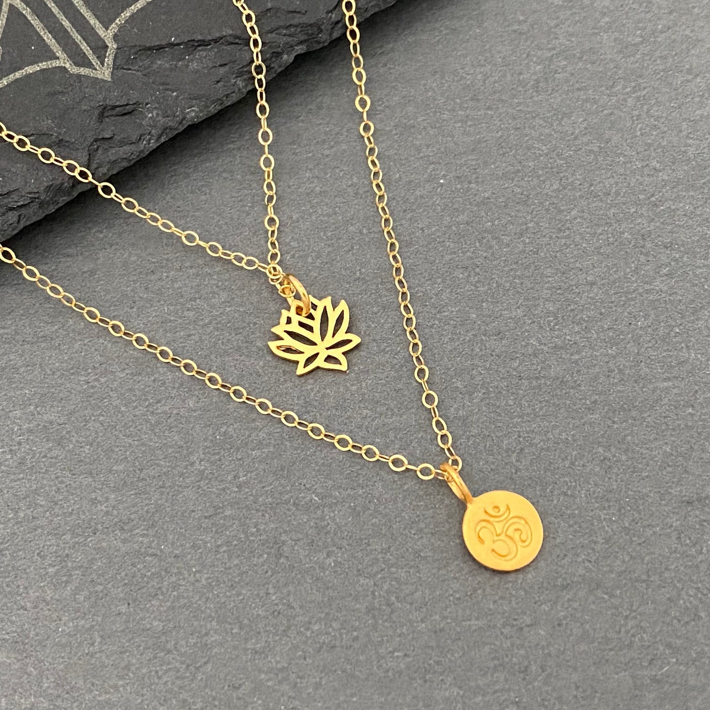 Om and Lotus flower layered necklaces