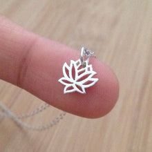 Load image into Gallery viewer, Lotus Necklace, Tiny Lotus, Yoga jewelry, Meditation, Zen, Spiritual, Buddhist, mindfulness jewelry, dainty lotus necklace, lotus charm,ohm
