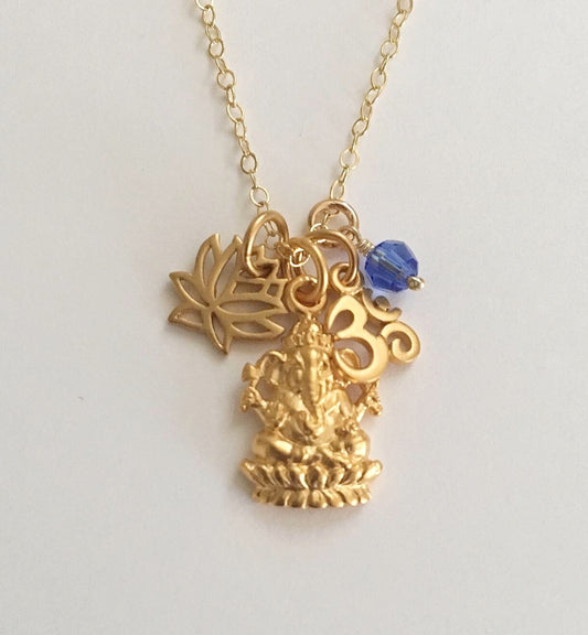 Ganesh necklace with Om, lotus and Swarovski birthstone