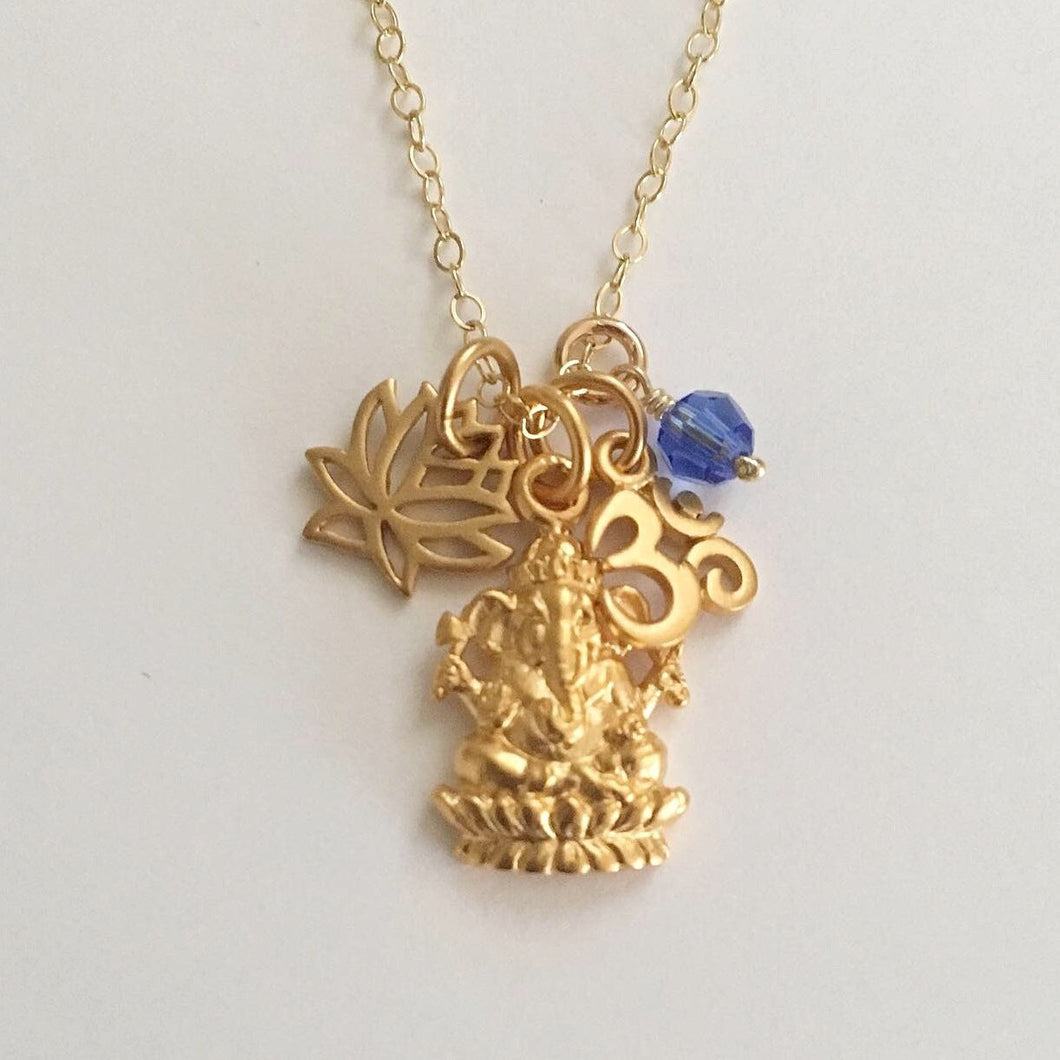 Ganesh necklace with Om, lotus and Swarovski birthstone